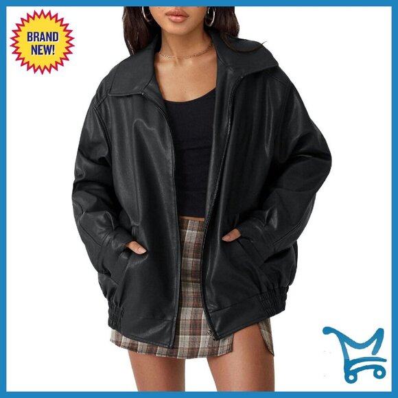 Jackets & Blazers - Oversized Faux Leather Motorcycle Jacket - Zipper Closure Fall Coat